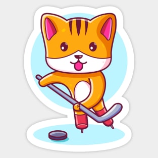 Cute Kawaii Cat Playing Ice Hockey Sticker